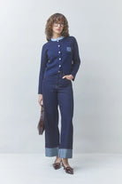Suncoo Geola navy embroidered cardigan styled with removable blue pleated collar