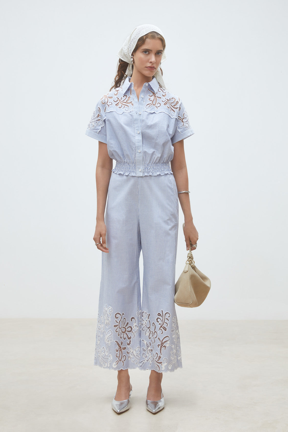 Suncoo Joss blue pinstripe wide leg trousers with lace hem