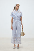 Suncoo Joss blue pinstripe wide leg trousers with lace hem