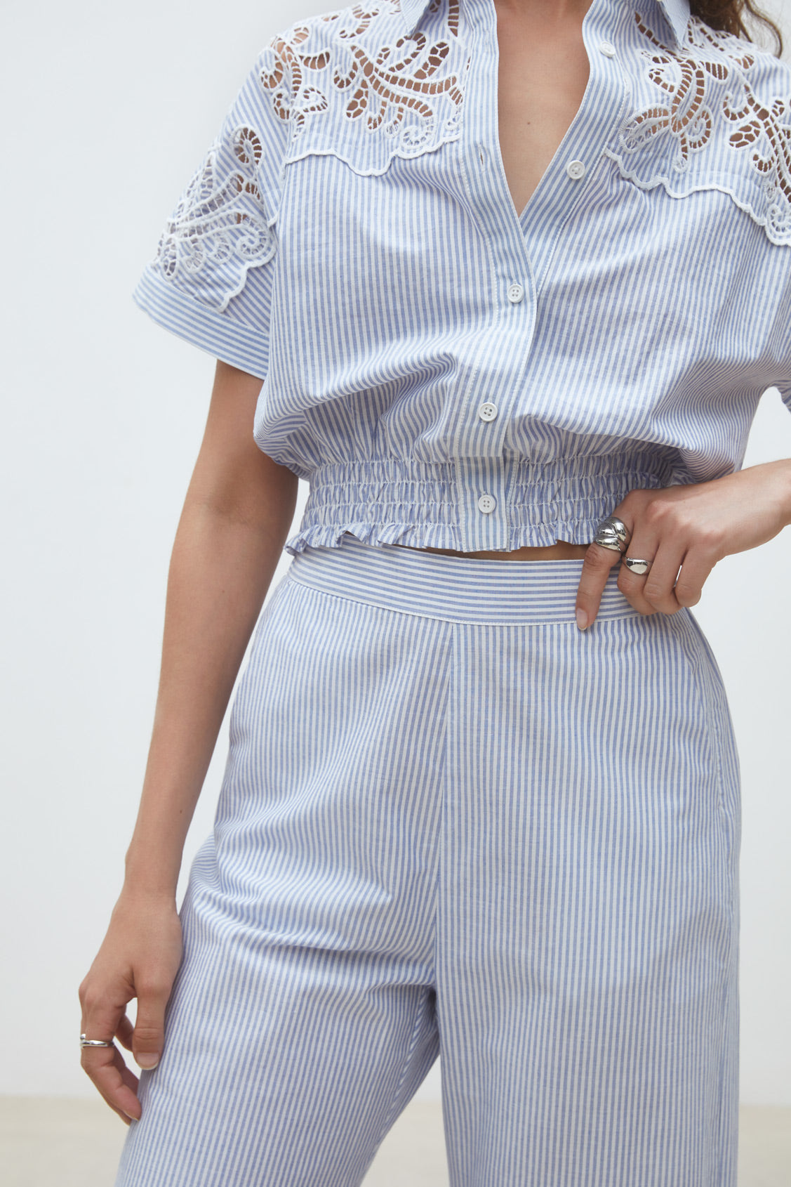 Suncoo Joss blue stripe lace detail trousers women