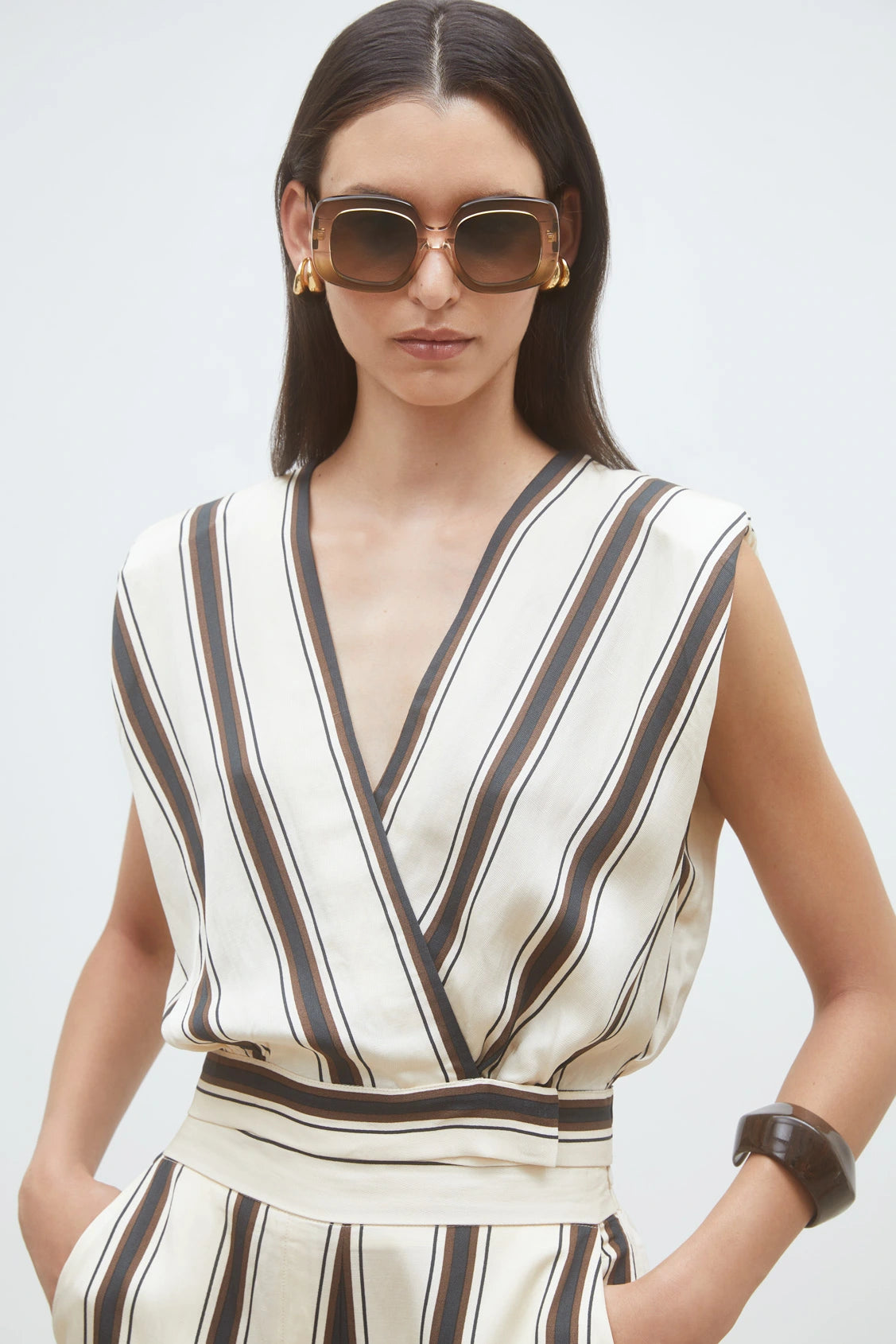 Suncoo Loane striped wrap style V neck top women
