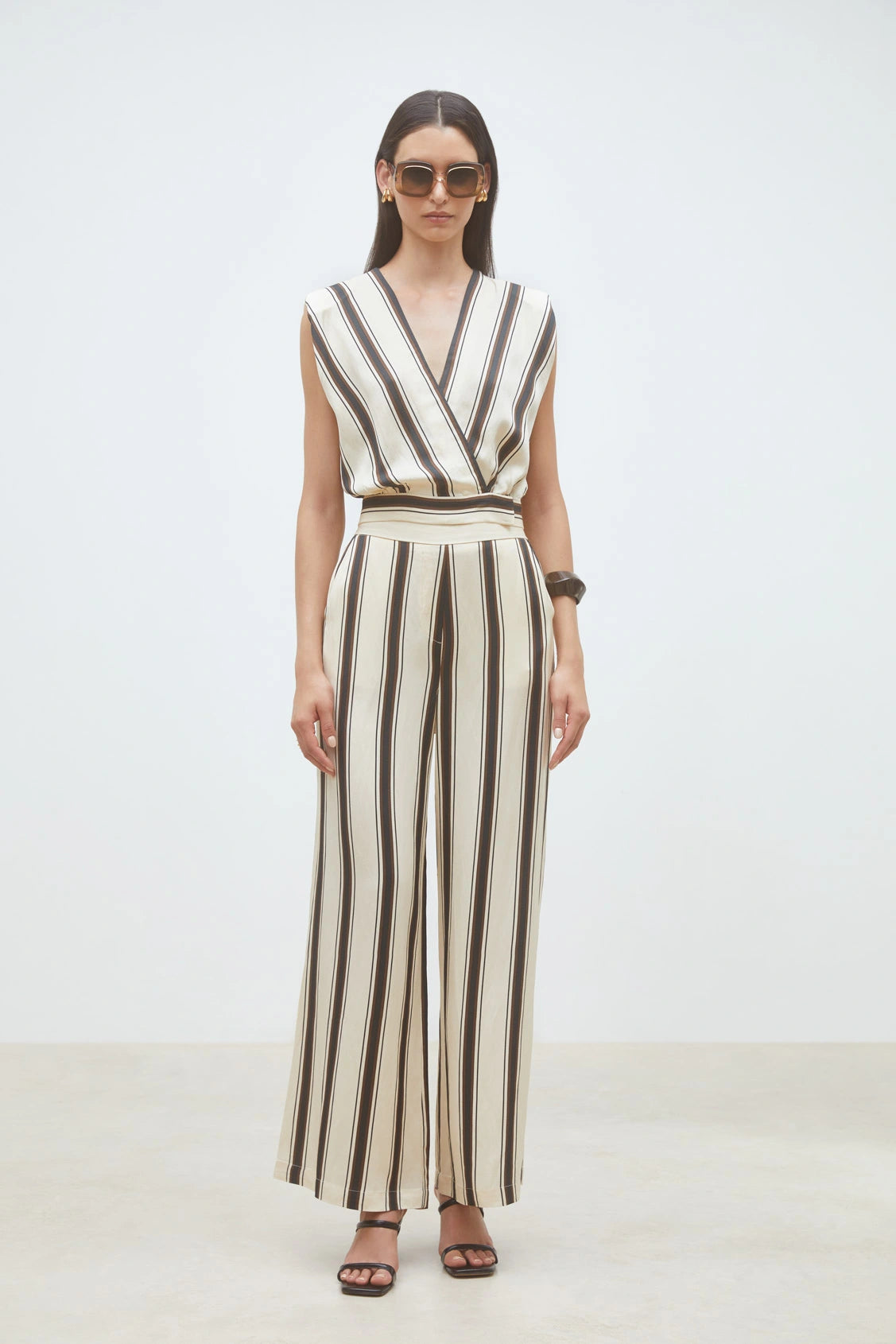 Suncoo Loane cream striped V neck sleeveless top