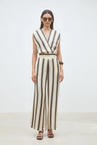 Suncoo Loane cream striped V neck sleeveless top