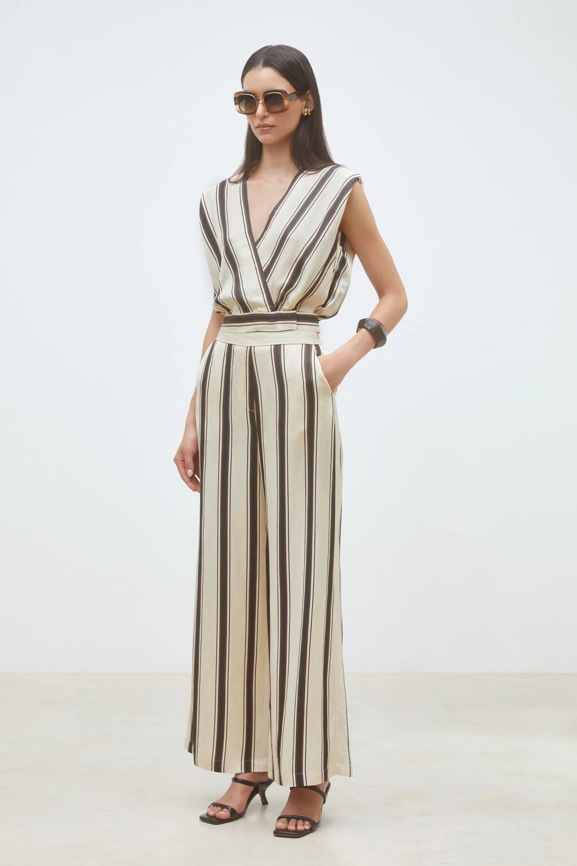 Suncoo Loane cream striped V neck sleeveless blouse