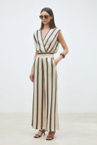 Suncoo Loane cream striped V neck sleeveless blouse