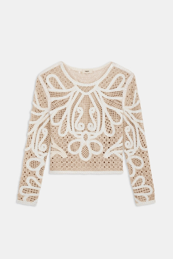 Suncoo Paelini crochet jumper cream openwork knit cropped top
