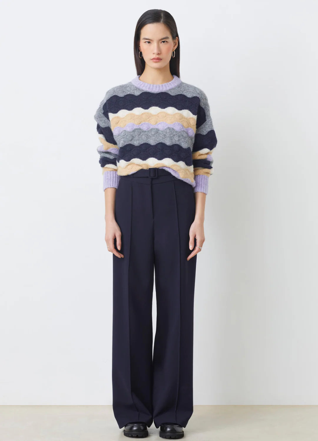 Suncoo Panayo scallop knit jumper in lilac, navy and cream