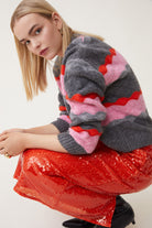 Suncoo Panayo Scallop Pattern Knitted Jumper In Grey/pink/red