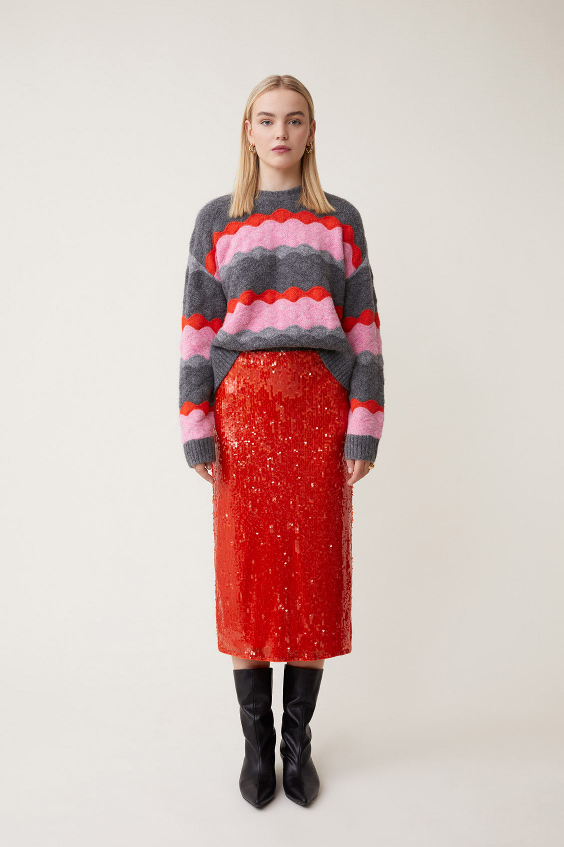 Suncoo Panayo Grey/Pink/Red Scallop Pattern Knitted Jumper