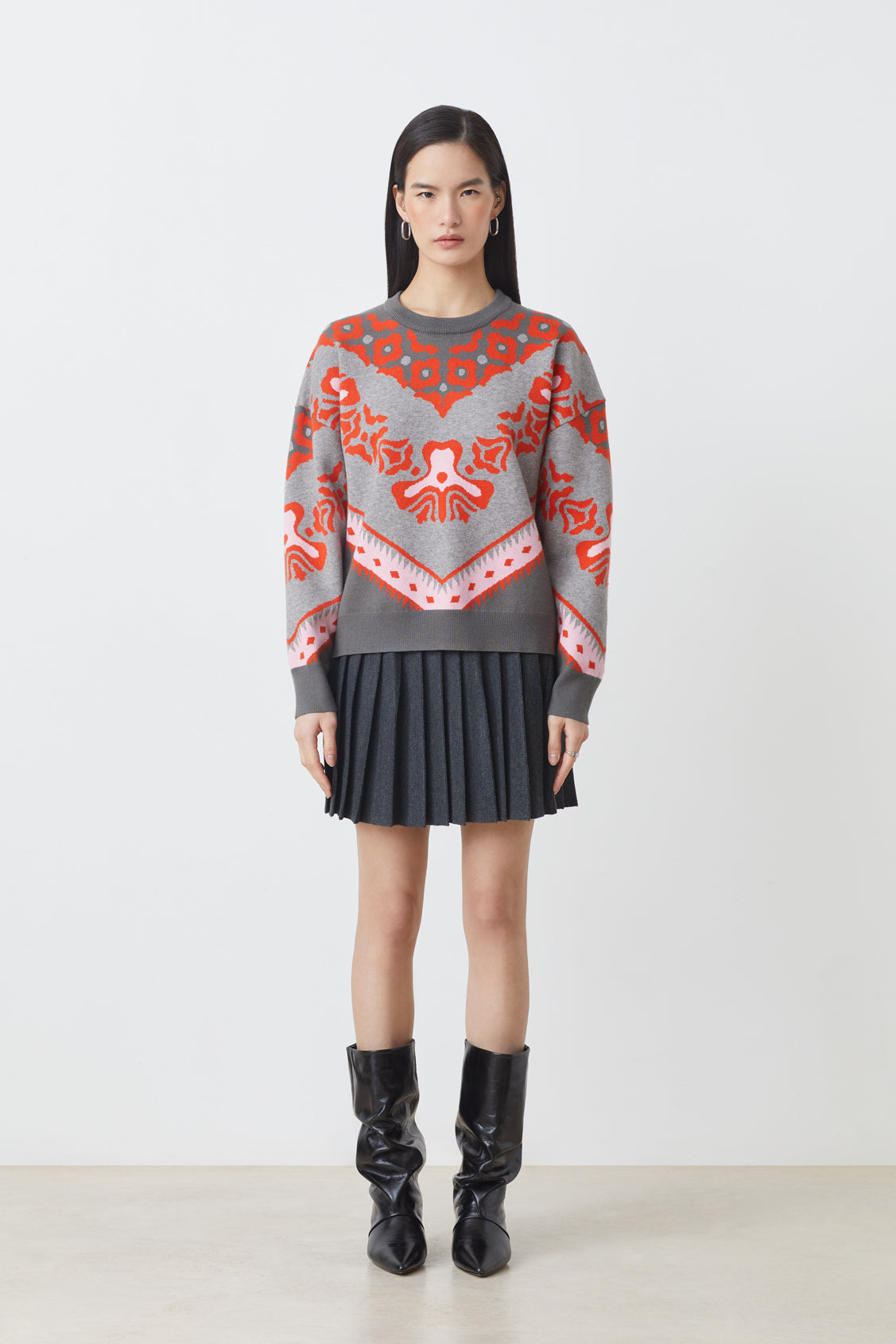 Suncoo Pavaro grey knit jumper with red and pink jacquard pattern 
