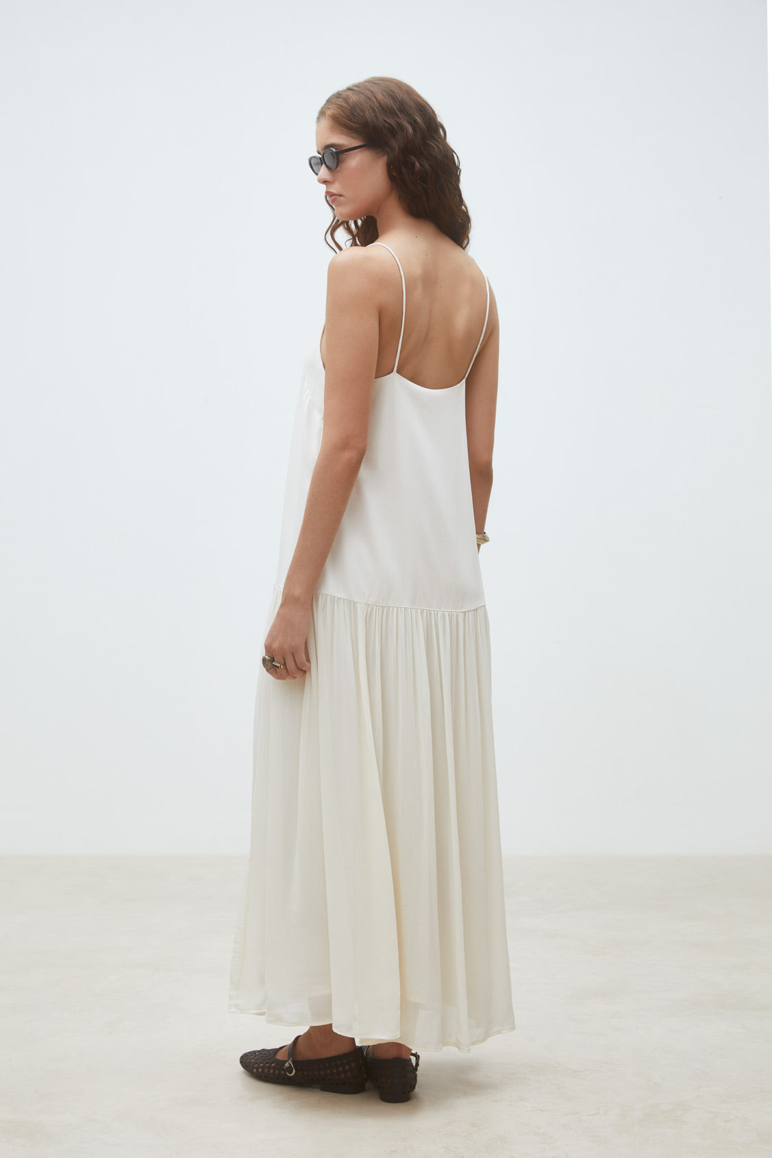 Suncoo Carlota cream cami tiered midi dress back view