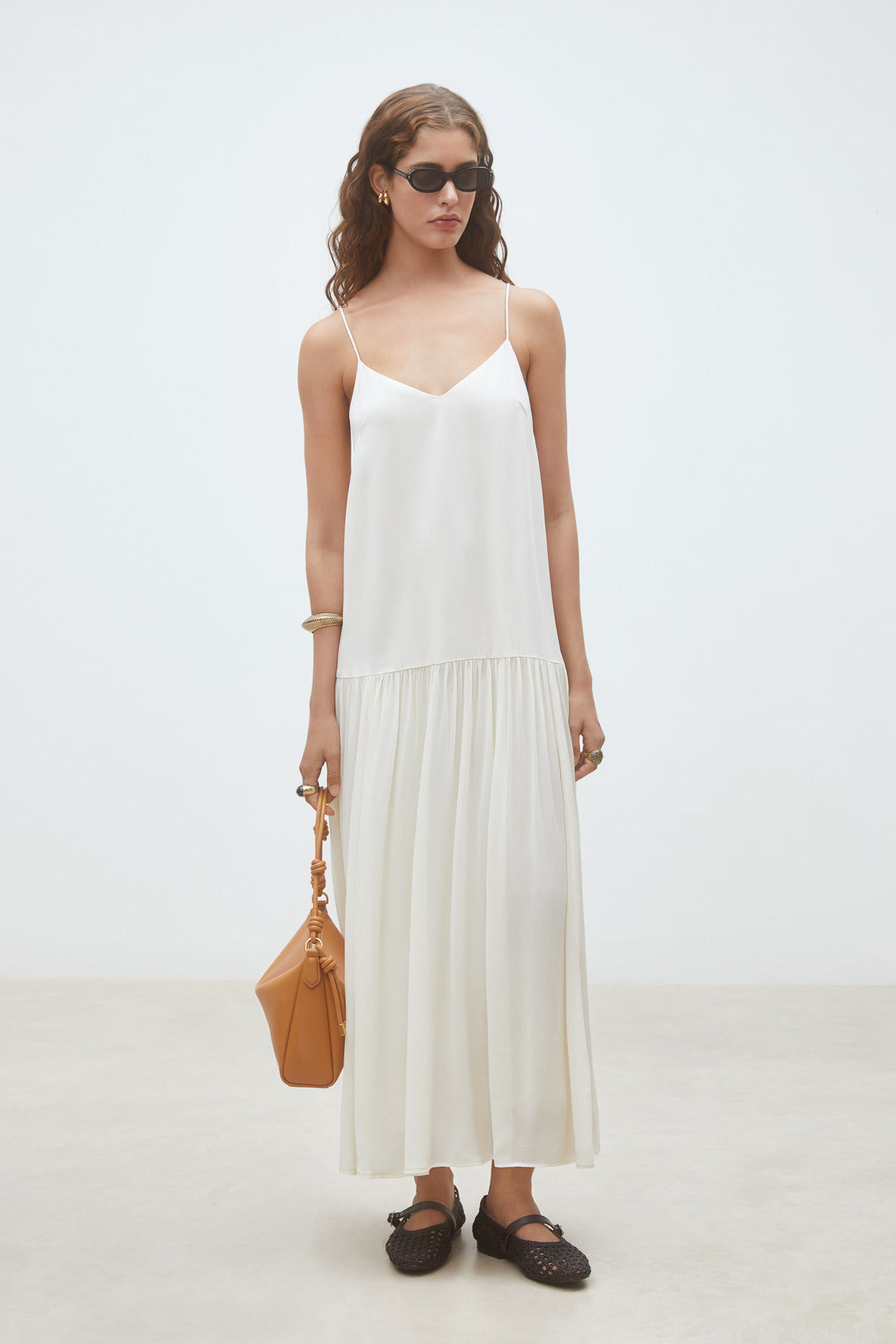 Suncoo Carlota cream cami midi dress front view