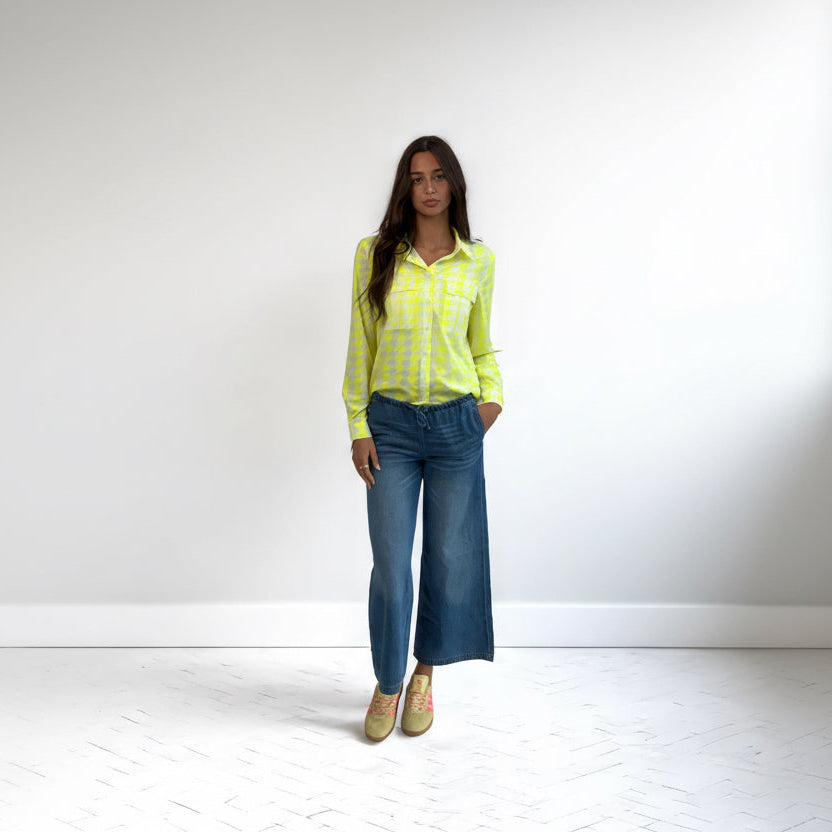 Girls Curiosity Mimas neon yellow houndstooth shirt full length front view