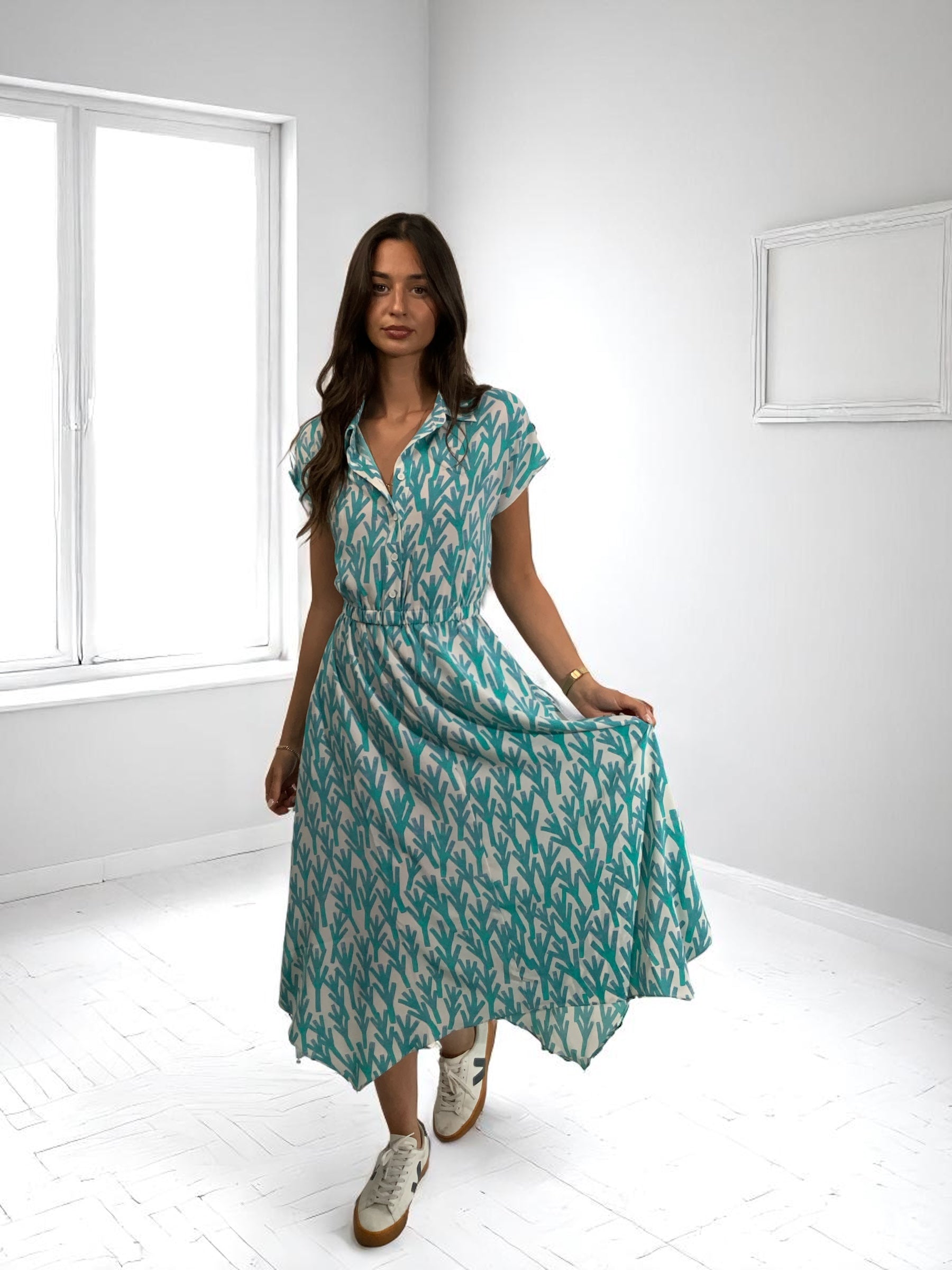 Girls Curiosity Almathea green cactus print midi dress front view