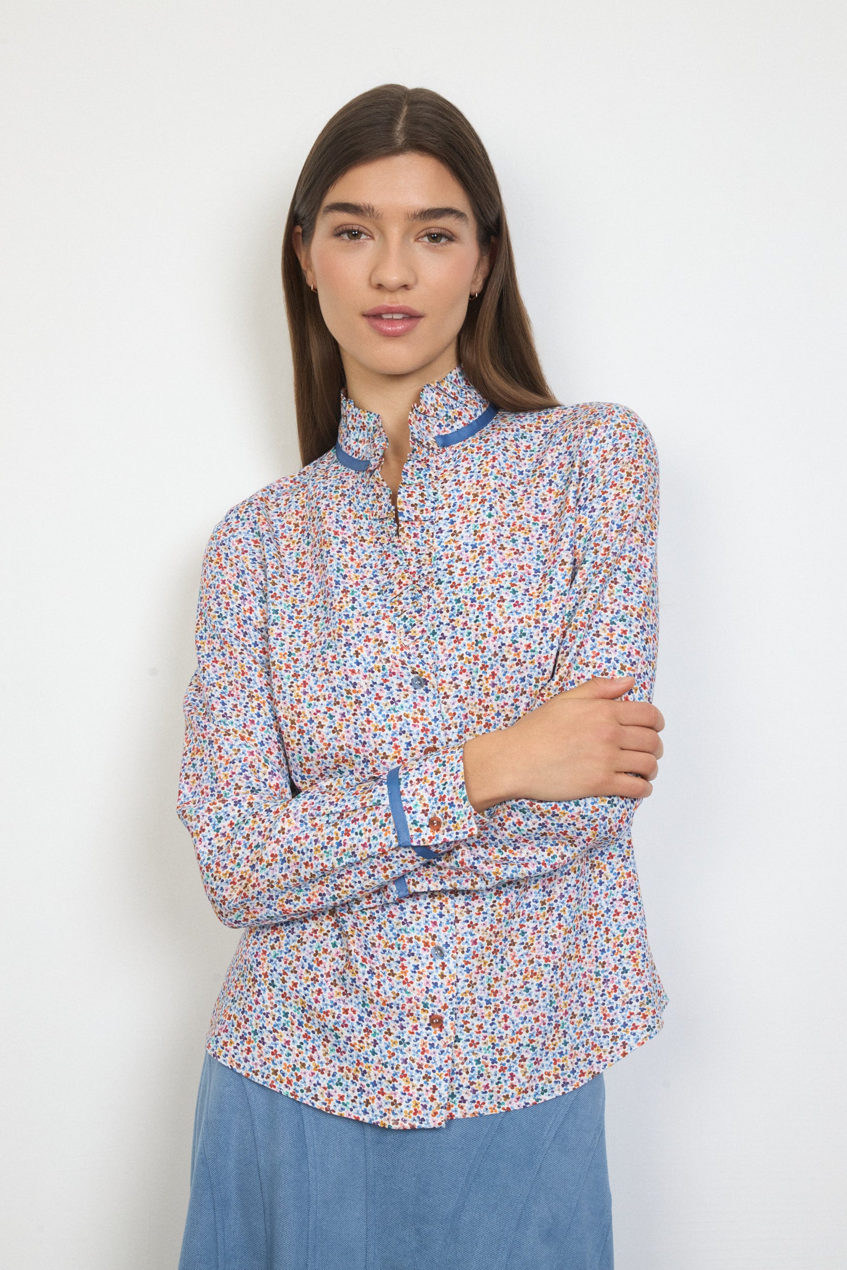 Tinta Rita blue floral print shirt with ruffled collar