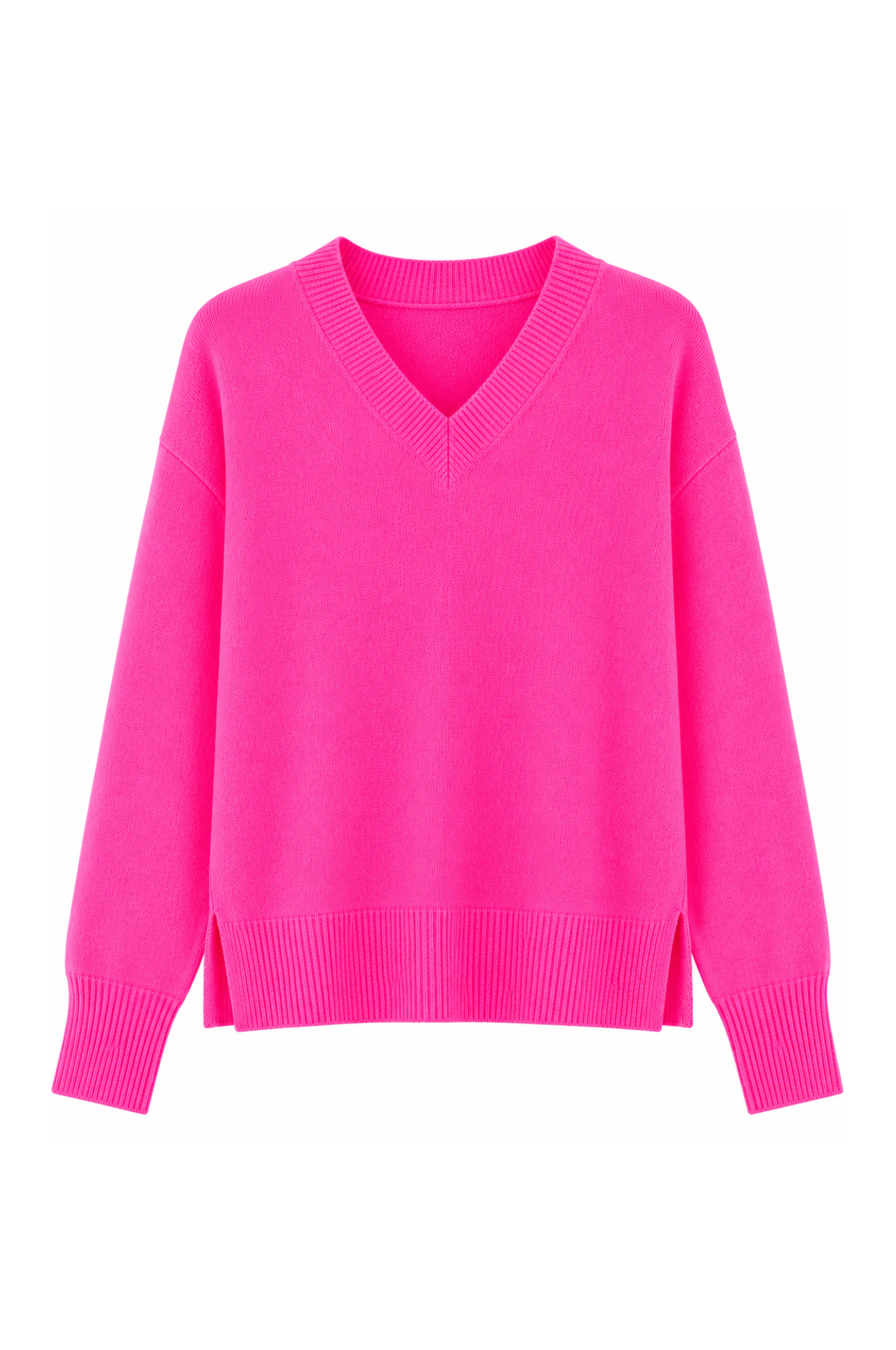 Twins Boulder neon pink relaxed V-neck knitted jumper with ribbed cuffs and side splits