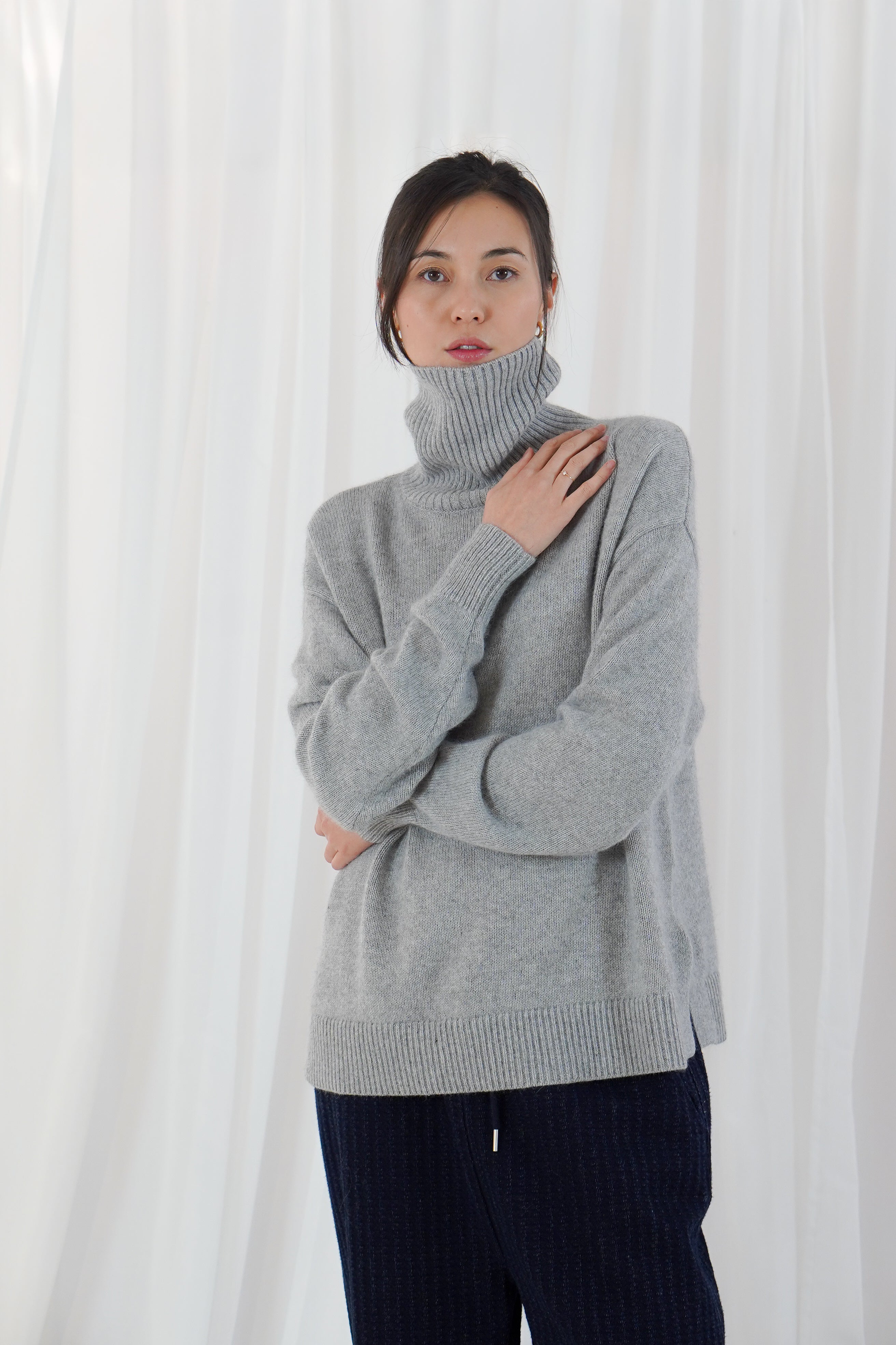 Twins Greeley grey soft knit turtle neck jumper front view