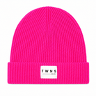 Twins Littleton neon pink ribbed knit beanie hat with turn-up cuff and TWNS logo label