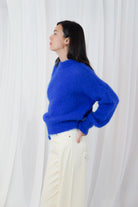 Twins Moana cobalt blue mohair blend women’s jumper shown from the side