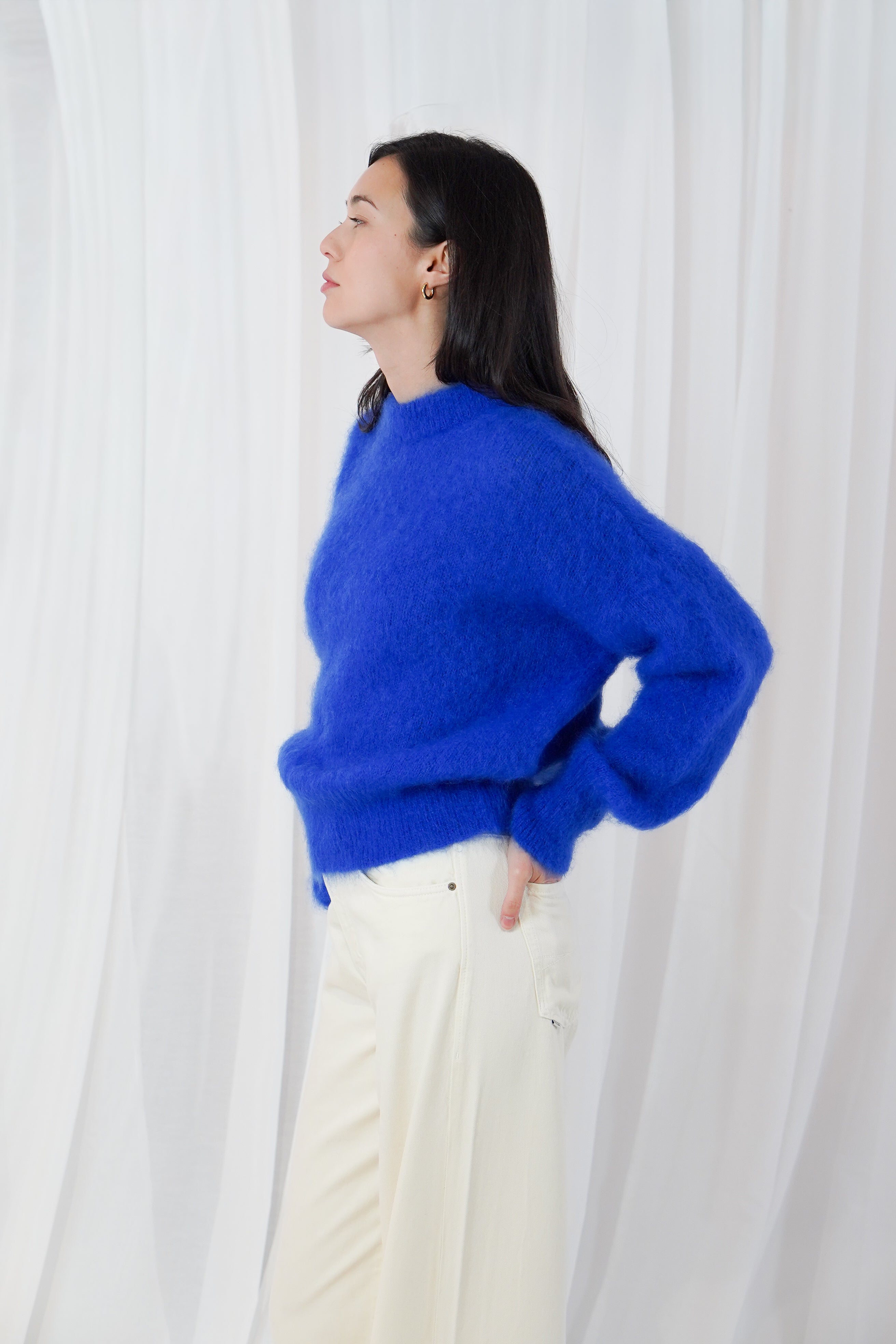 Twins Moana cobalt blue mohair blend women’s jumper shown from the side