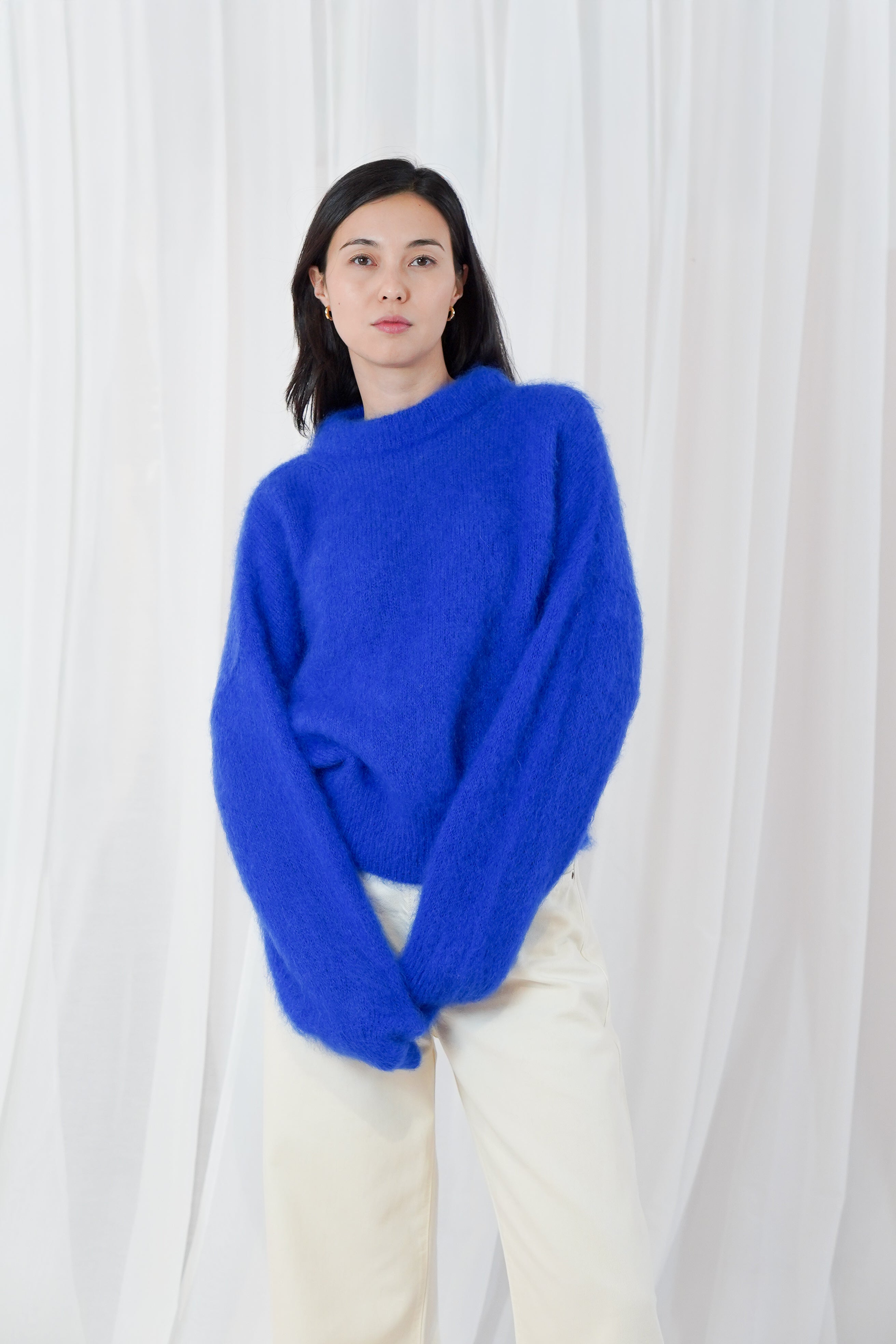 Twins Moana soft cobalt blue relaxed crew neck jumper full front view