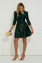 8th Sign women’s green gold metallic occasion mini dress on model