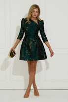 8th Sign emerald green metallic puff sleeve mini dress angled view