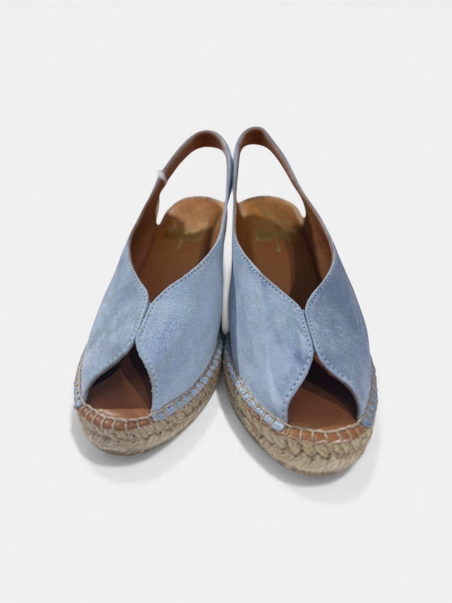Blue suede peep toe espadrille wedges woven sole Viguera