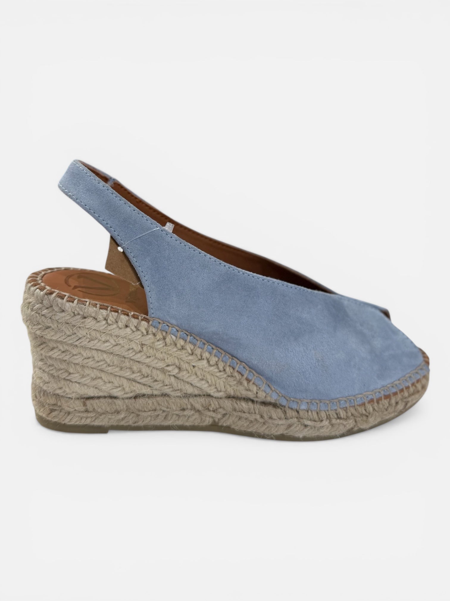 Side view blue suede slingback espadrille wedge sandals