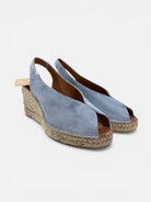 Viguera blue suede espadrille wedge sandals peep toe slingback