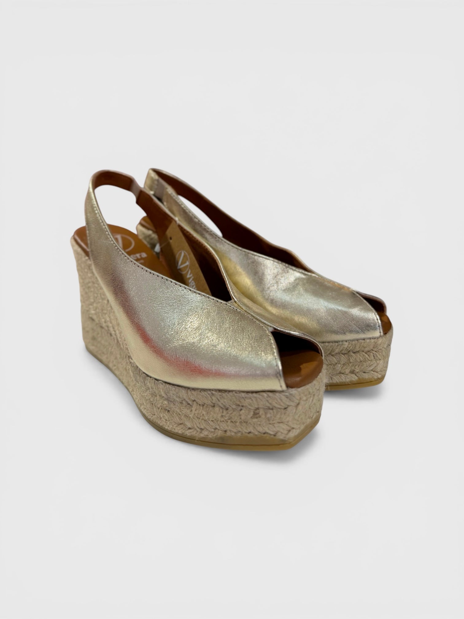 Viguera gold wedge sandals back view slingback strap espadrille heel