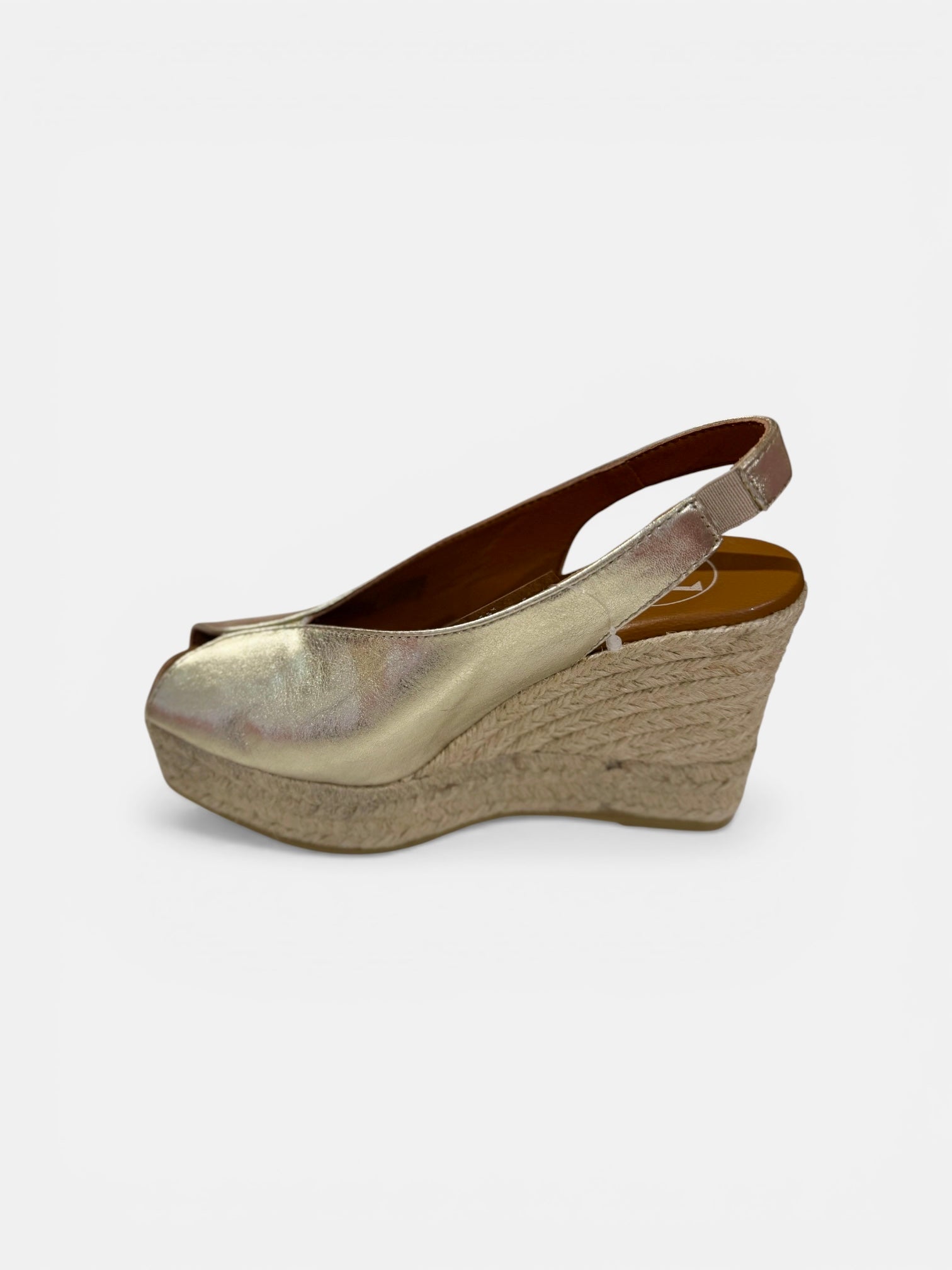 Viguera gold espadrille wedge sandals peep toe front detail metallic finish