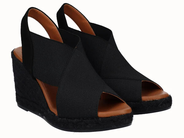 Viguera black elastic strap wedge sandal front view