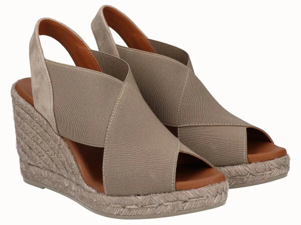 Viguera taupe elastic strap wedge sandal front view