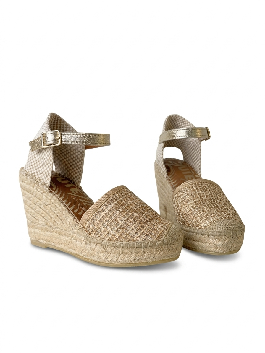 Viguera gold espadrille wedges pair woven metallic finish front view