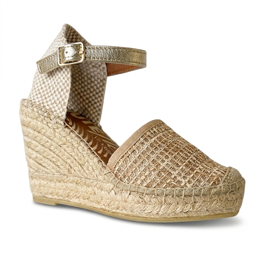Viguera gold woven espadrille wedge shoes metallic detail ankle strap side view