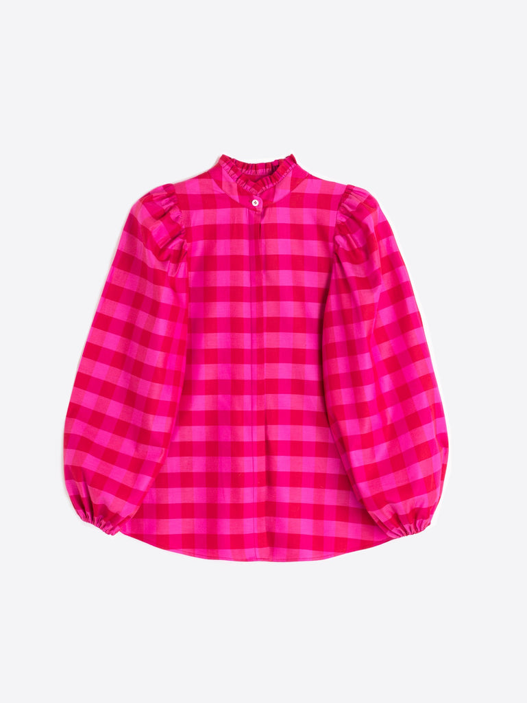 Vilagallo Tatiana Pink Vichy Check Balloon Sleeve Shirt