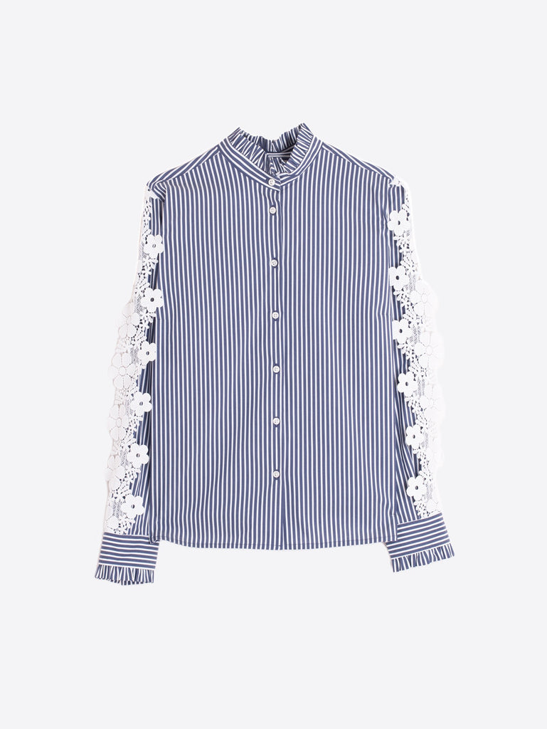 Vilagallo Diana Navy Stripe Lace Sleeve Frill Shirt