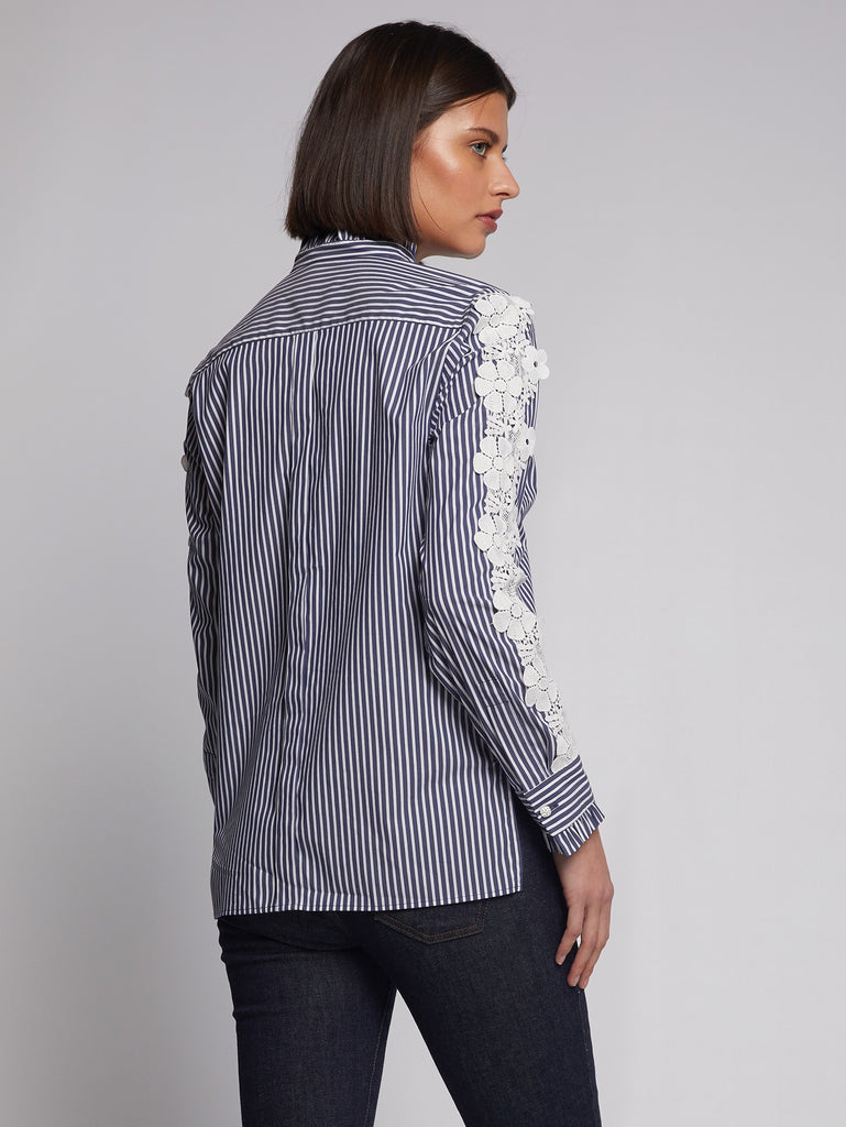 Vilagallo Diana Navy Stripe Lace Sleeve Shirt From Back