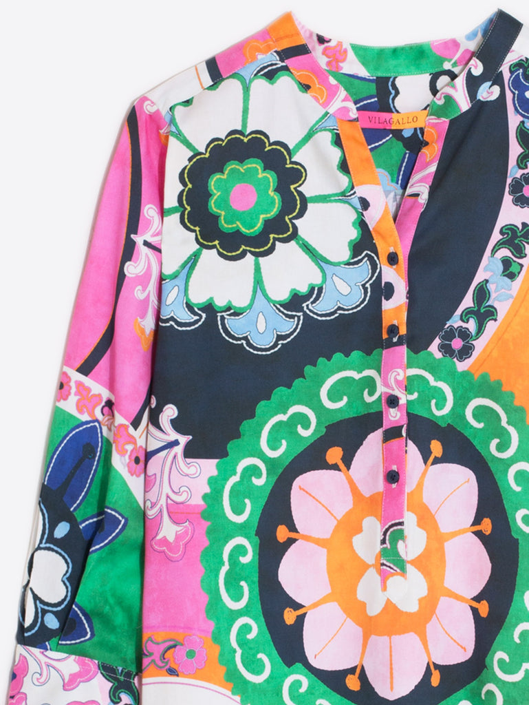 Vilagallo Danis Suzani Multi-colour Retro Print Dress With Tunic Neckline