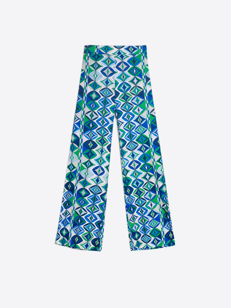 Vilagallo Venus Green/Blue Geometric Print Wide Leg Trousers