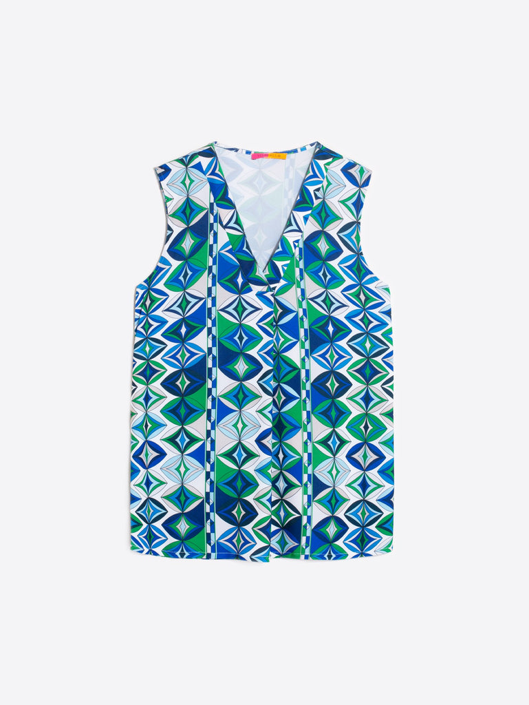 Vilagallo Orianna Green/Blue Geometric Print Sleeveless Top With V Neck