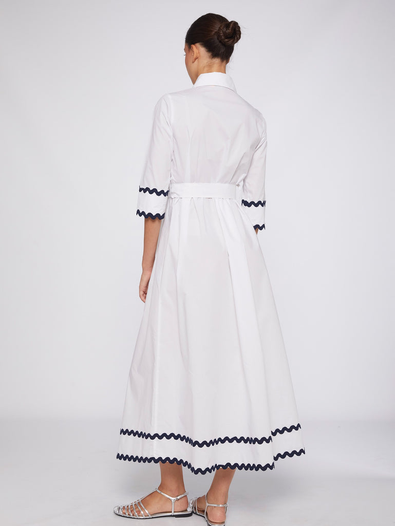 Vilagallo Natalia White Poplin Maxi Dress With Navy Trim From The Back