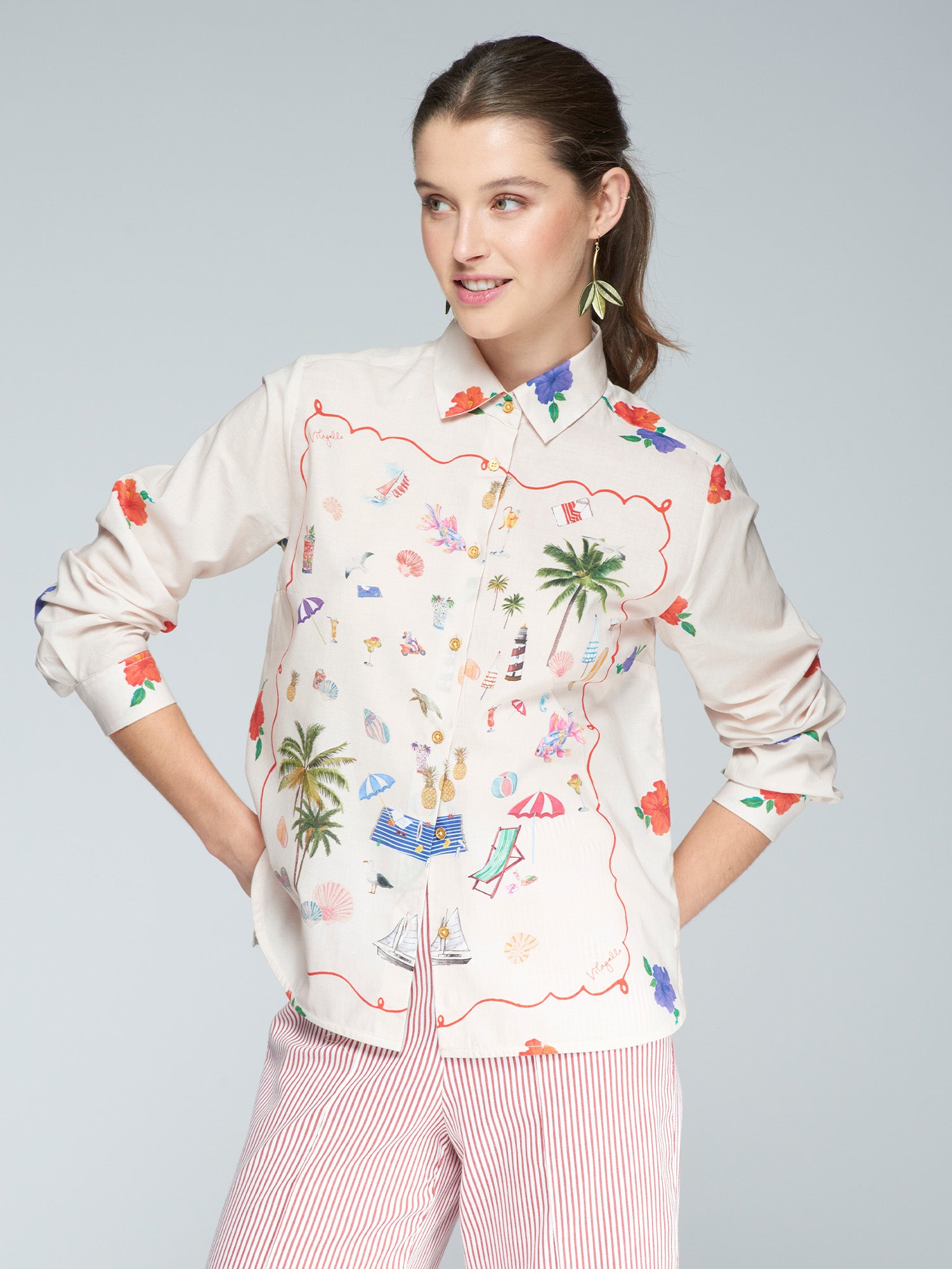 Vilagallo Cream Holiday Island Print Silky Shirt