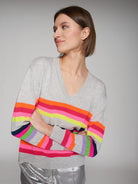 Vilagallo Grey V Neck Wool Jumper With Multicolour Stripes