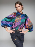 Vilagallo Rainbow Animal Print High Neck Blouse With Balloon Sleeves