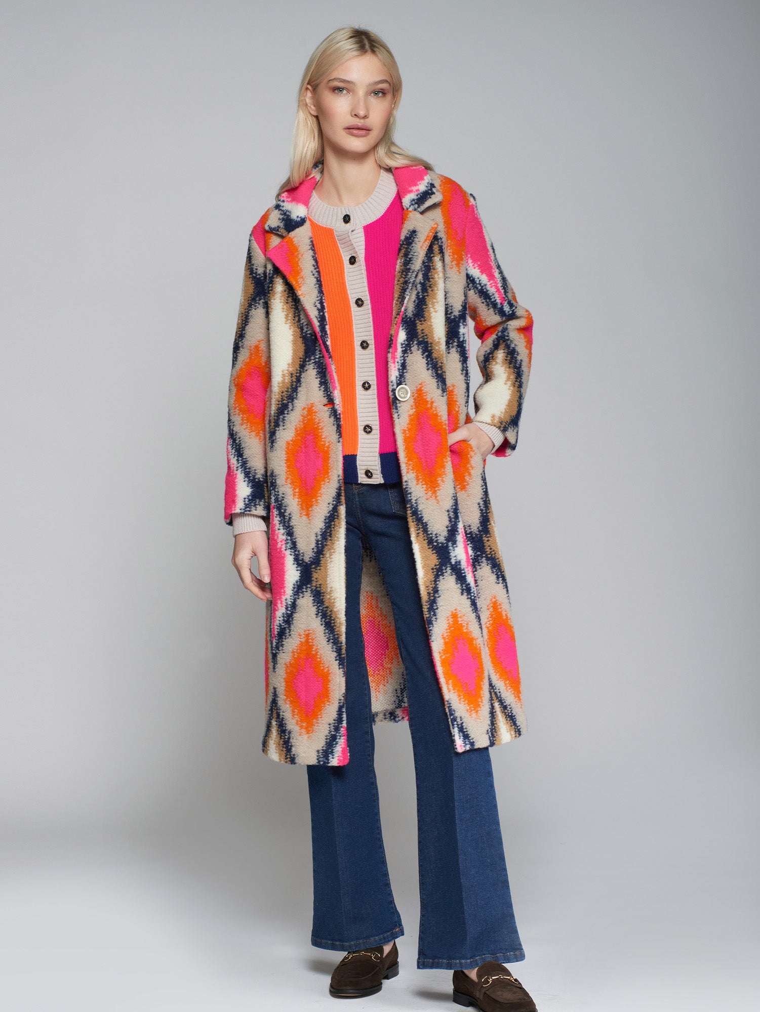 Vilagallo Pink/Orange Diamond Print Dress Coat