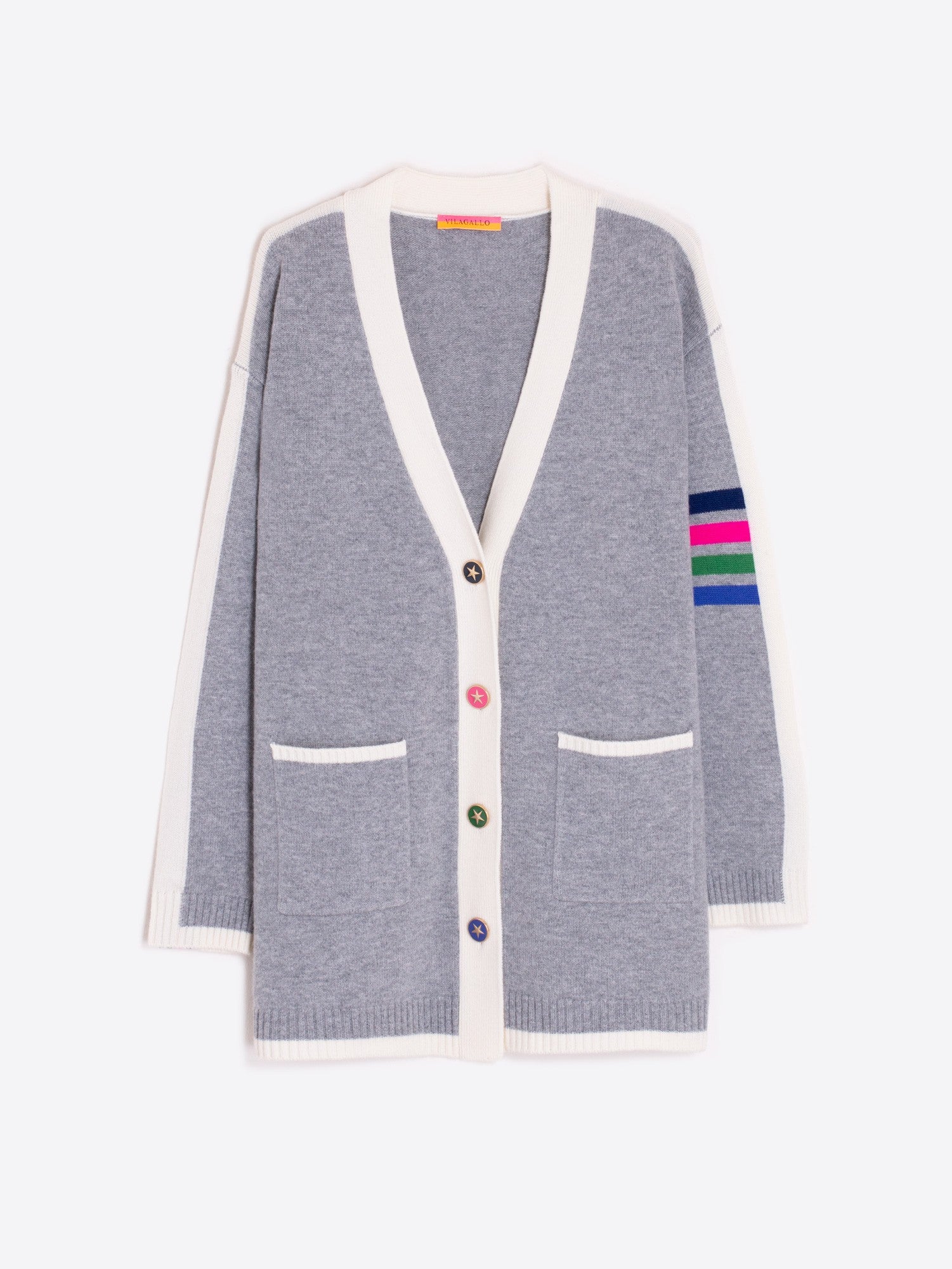 Vilagallo Four Stripes Grey Pure Wool Long Cardigan