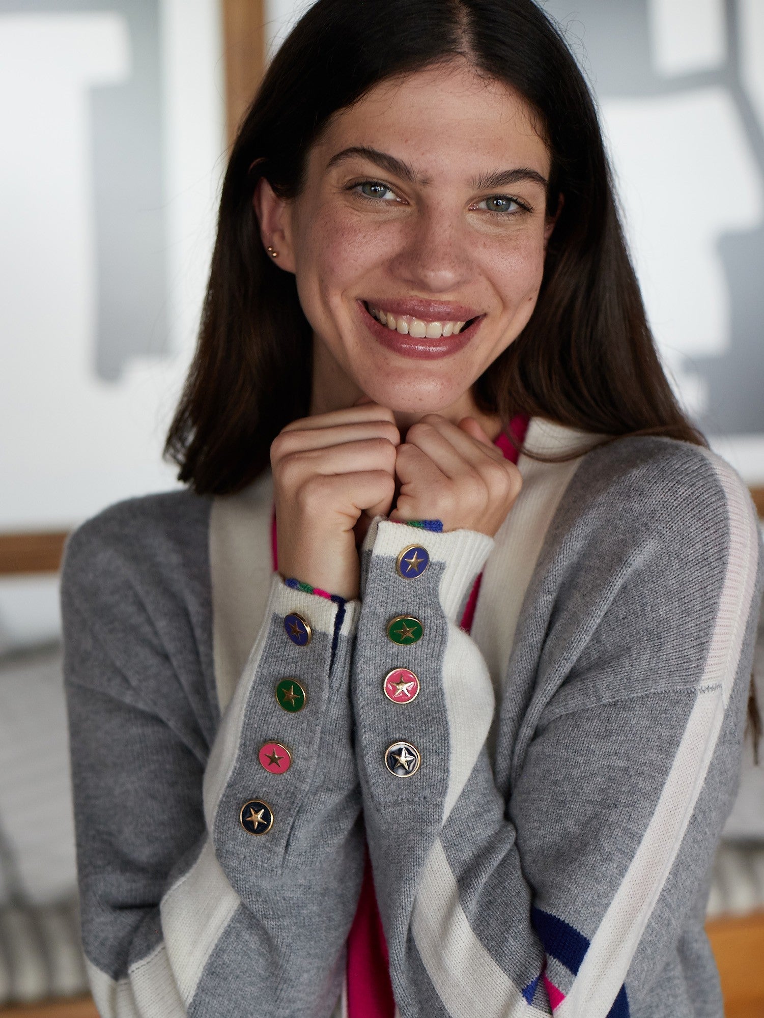 Vilagallo Four Stripes Grey Long Wool Cardigan With Funky Buttons On Sleeves