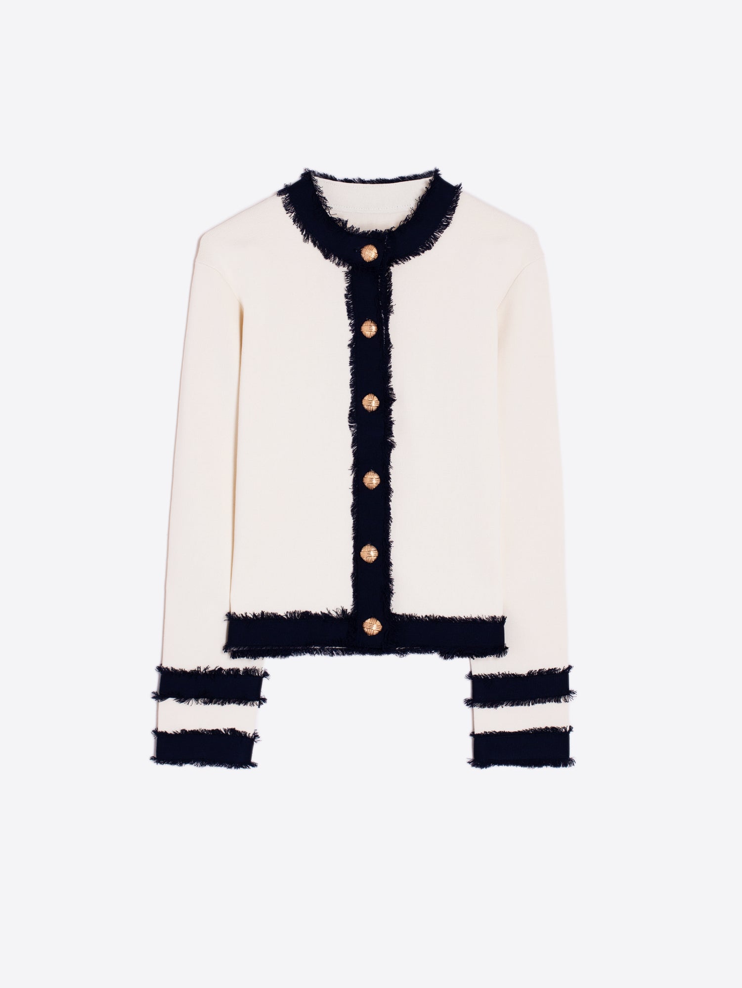 Vilagallo Cream Button Cardigan With Contrasting Navy Frayed Trim